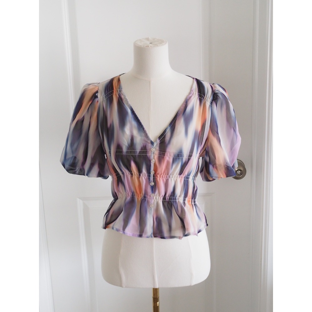 Steve Madden Watercolor Abstract Smocked Peplum Blouse Purple Small Excellent